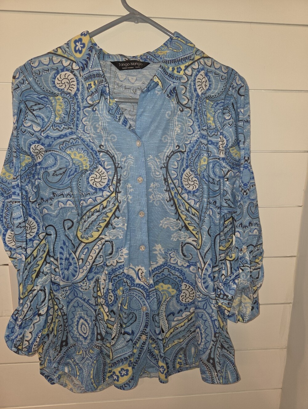 Tango Mango Blue Paisley Button-Front Women's Blouse